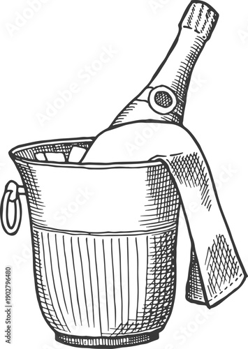 Champagne cooling in bucket. Ice wine drink engraving