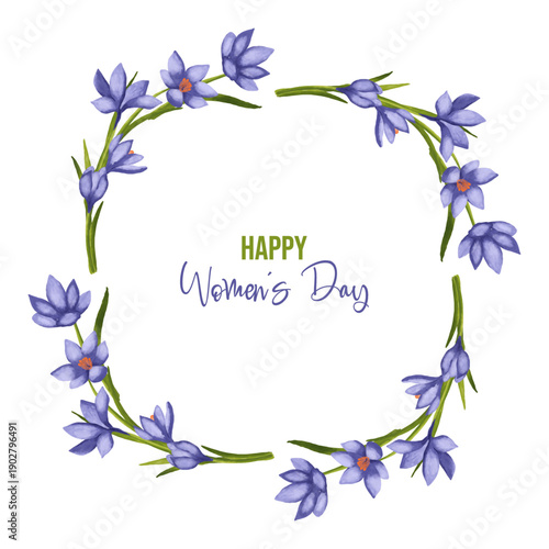 Hand-painted watercolor crocus flowers illustration created as a delicate spring greeting design for International Women’s Day. Soft floral composition in gentle pastel tones symbolizing femininity