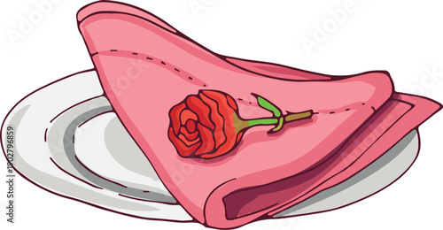 Romantic dinner doodle. Plate with red rose on pink napkin