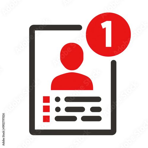 User profile notification icon with document layout, red avatar and number one alert badge, account information update, identification concept, vector style.