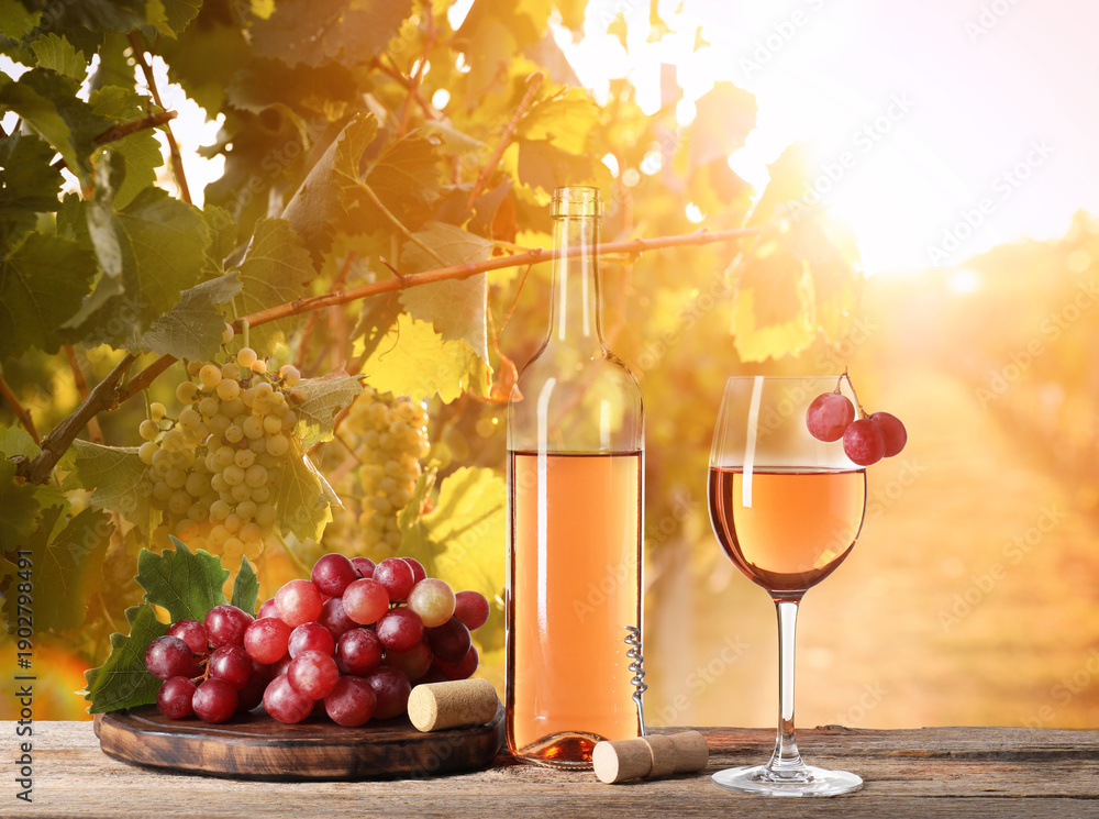 Fototapeta premium Wine and fresh grapes on table. Glass and bottle in sunny vineyard