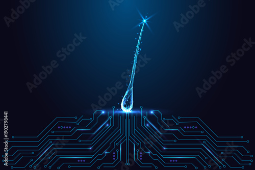 Single digital hair follicle emerging from circuit board, AI biotechnology and beauty science vector