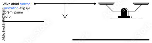 Decision-making, balance, evaluation, equality, comparison, justice. A schematic diagram showing balance scales, lines arrows and text. Decision-making and balance concept visualization