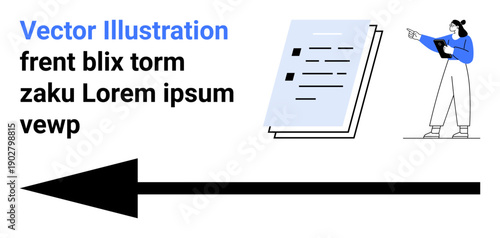 Person gestures at a checklist and clipboard, accompanied by a prominent arrow symbolizing direction and progress. Ideal for presentation, instruction, planning, progress, workflow, navigation
