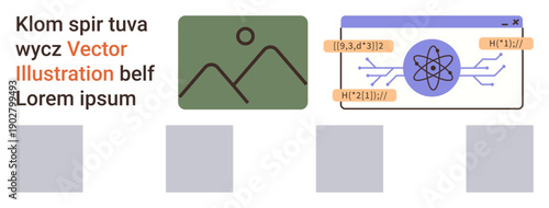 Scientific research, education, technology, web interface, digital learning, graphic templates. Abstract layout features an atom, diagram and placeholder text. Technology and scientific research