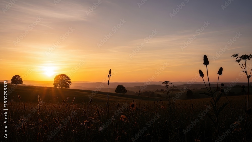 Naklejka premium Golden Hour Serenity Over Rolling Hills: Silhouetted Trees