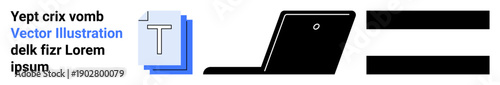 Document management, remote work, online communication, data organization, digital tools, technology concepts. Text icon, laptop and data stacks. Document management and remote work