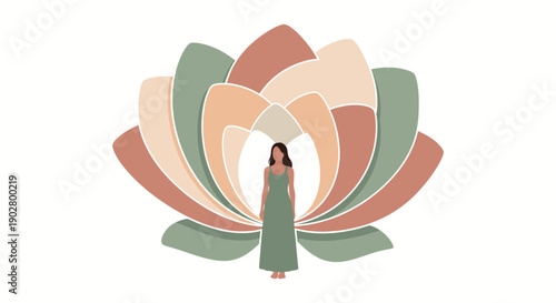 Woman standing peacefully in front of a large, stylized lotus flower in muted earthy tones, representing tranquility and spiritual growth.