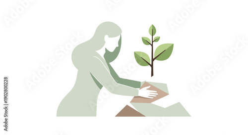 A stylized illustration of a woman planting a small green sapling into geometric soil, symbolizing growth and environmental care.