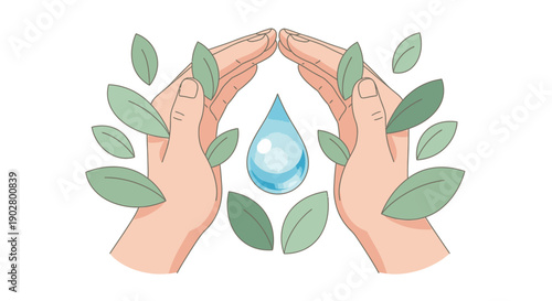 Hands protecting a blue water droplet surrounded by green leaves, symbolizing water conservation and environmental protection.