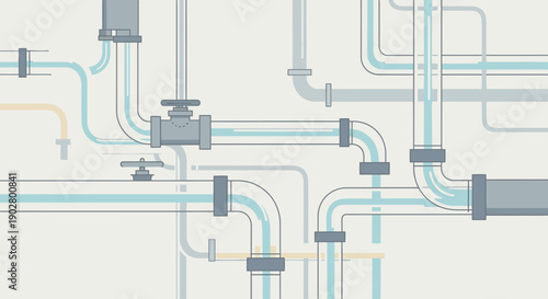 A complex network of interconnected pipes with valves and flowing liquid, illustrating a plumbing or industrial system.