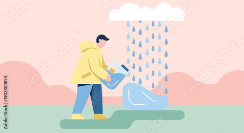 An illustration of a person in a yellow raincoat collecting rainwater from a cloud into a large container, emphasizing water conservation.