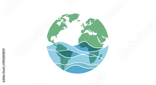 A stylized illustration of the Earth globe with its lower half submerged in blue wavy water, symbolizing environmental issues and climate change.