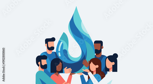 Diverse group of people collaborating around a large blue water drop symbol, representing community, shared resources, and environmental care.