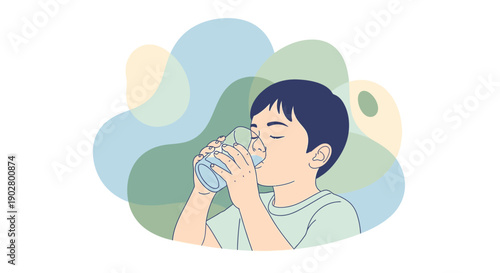 A young boy with dark hair drinks clear water from a glass, set against a soft, abstract background.