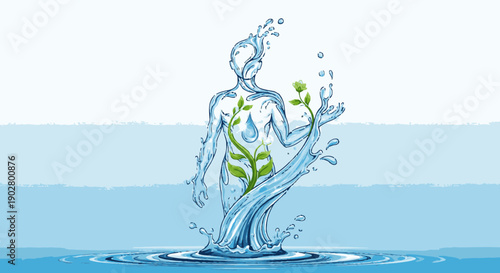 A human figure made of water, with green plants and a water droplet inside, emerging from a water body, symbolizing life and nature.