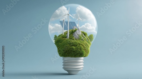 Innovative approach to renewable energy showcasing a light bulb filled with greenery, solar panels, wind turbines, and a rocky landscape for sustainability concepts