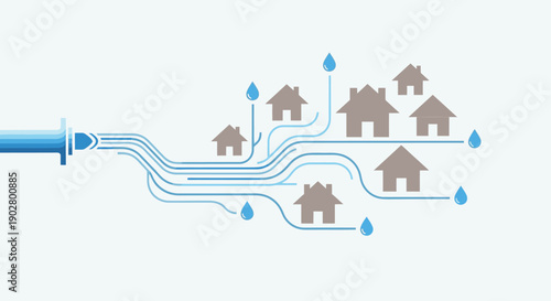 A graphic illustration of a water distribution network with a main pipe branching out to supply water to multiple houses.