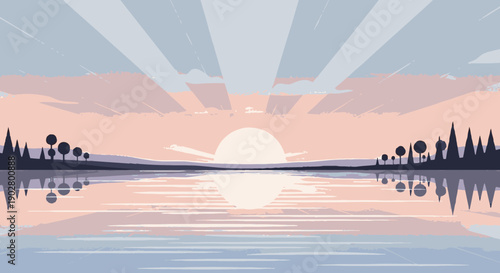 A tranquil minimalist illustration of a sunrise or sunset over a calm lake with reflections of the sky and distant tree-lined horizons.