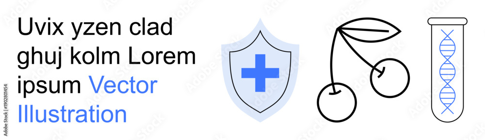 Obraz premium Health, nutrition, medical research, science, wellness, genetics. A shield with a cross, cherries and a DNA test tube. Health and nutrition concepts with clean line icons