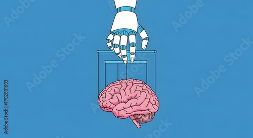 Robot hand holding human brain in robotic grip