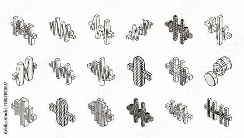 Collection of diverse 3D abstract shapes and forms, resembling sound waves or data visualizations, perfect for modern technology and design projects.