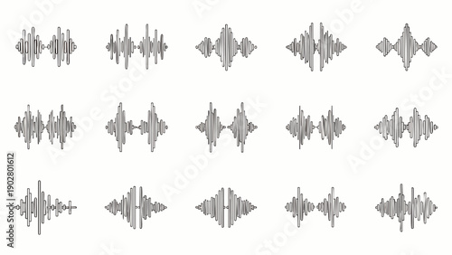 Set of abstract sound waves and audio equalizer spectrums. Monochrome digital vibration waveforms for music, technology, and science projects on white background.