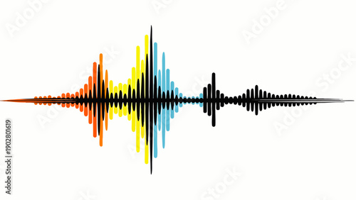 Vibrant colorful sound wave equalizer graphic on a clean white background, representing music, audio technology, digital sound, and abstract frequency visualization for modern design.