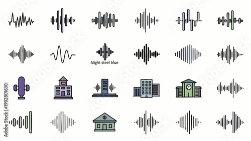 Collection of diverse sound wave icons and various building illustrations, perfect for audio, music, architecture, and urban design projects.