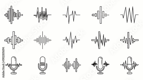 Vector set of diverse sound wave forms and microphone icons, illustrating audio technology, voice recording, music, and communication in a modern line art style on white.