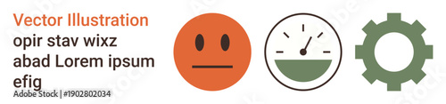 Emotions, performance, evaluation, productivity, technological processes, system functionality. Neutral face, speedometer gear icon in flat style. Emotions and performance concept