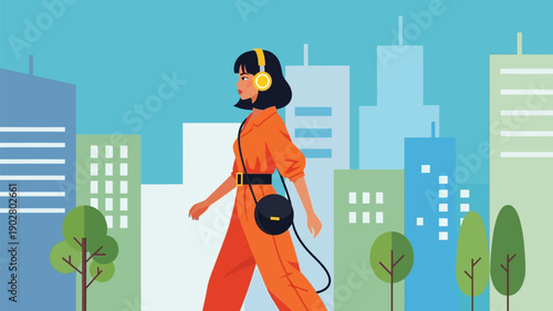 A young woman in an orange jumpsuit walks confidently through a stylized city, wearing headphones and a crossbody bag, embodying a modern urban lifestyle with a sense of personal style