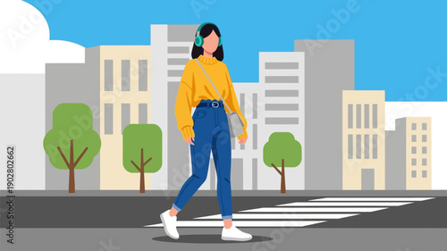 Young woman enjoying an active urban stroll, listening to music on headphones while walking confidently across a city street, embodying modern city life and independence