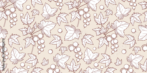 Outline Blackcurrant Branches Seamless Pattern. Line Art Summer Berry Currant with Leaves on Light Background. Botanical hand-drawn Vintage Template. Vector Horizontal illustration