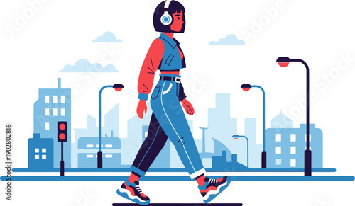 Young woman walking in a city street wearing headphones and listening to music, enjoying a solo stroll on a sunny day