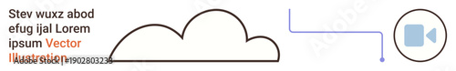 Cloud storage, digital media, video streaming, data sharing, tech connectivity, online services. Simple cloud outline connected to a video icon. Cloud storage and video streaming concept