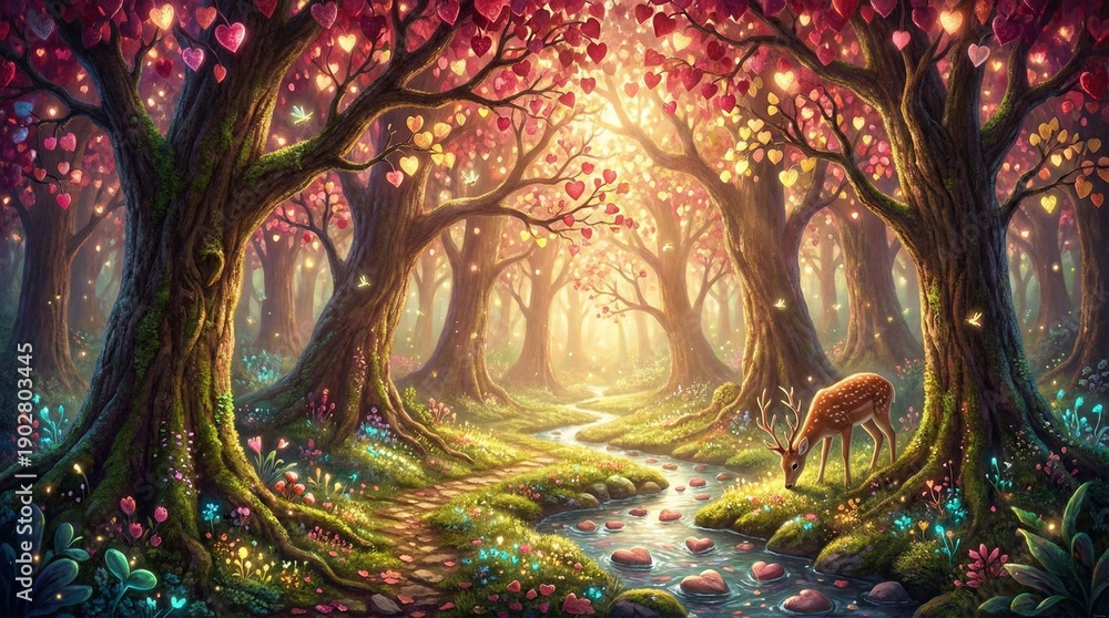 Fototapeta premium A serene forest scene with a deer drinking from a stream surrounded by vibrant trees and flowers
