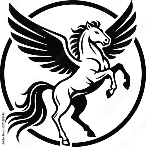 A majestic pegasus prancing with wings outstretched inside a black circle.
