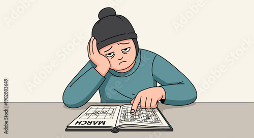 Minimal flat vector illustration of a stressed student reading a book, feeling tired and overwhelmed, cartoon style, simple shapes, calm color palette.