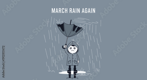Minimalist flat vector illustration of a small character standing in the rain holding an umbrella, sad and calm mood, hand-drawn style, simple shapes, muted colors, rainy weather atmosphere, 