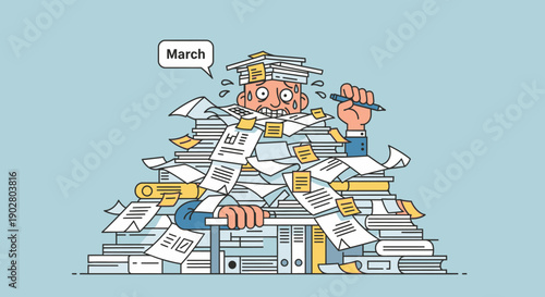 Man Overwhelmed by Large Pile of Papers.