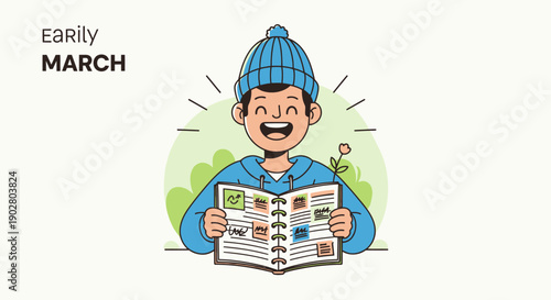 Man Reading Calendar in Blue Beanie.