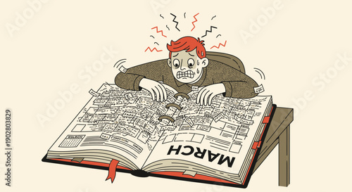 Man Reading Calendar with Frustrated Expression.