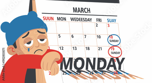 Man Suffering from Monday Blues with Calendar.