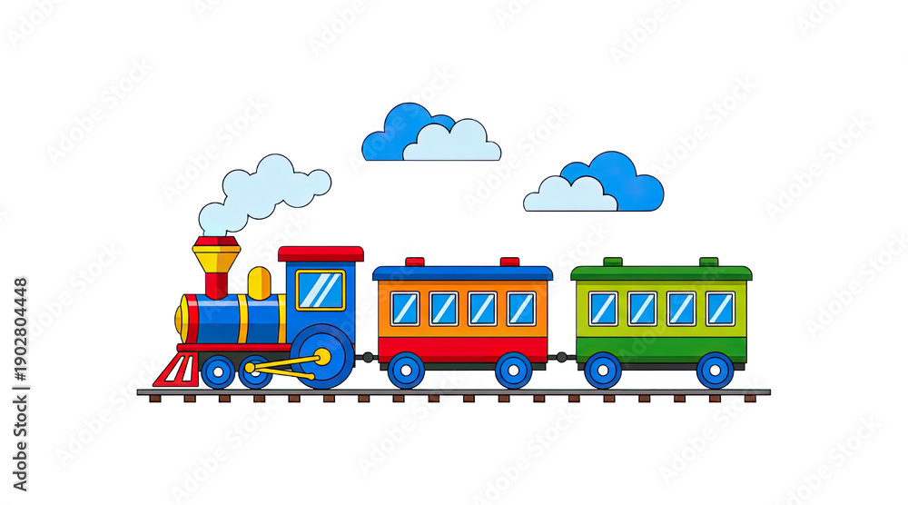 Fototapeta premium Colorful steam train with carriages and clouds