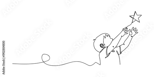 Continuous one line of a child reaching for a star, dreams and ambitions theme, drawn illustration.