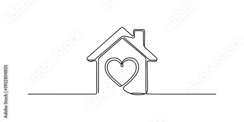 Continuous one line of a house with a heart inside, comfort and home symbolism, drawn illustration.