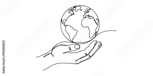 Continuous one line of a hand holding a small planet, responsibility and care theme, drawn illustration.