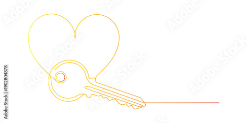 Continuous one line of a key merging into a heart shape, trust and access symbolism, drawn illustration.