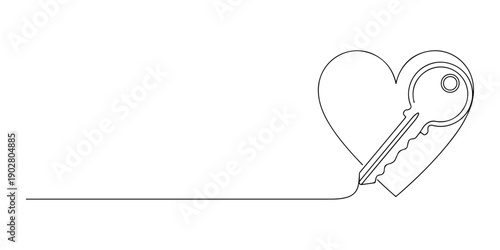 Continuous one line of a key merging into a heart shape, trust and access symbolism, drawn illustration.